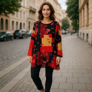Calvin Klein Multicolor Floral Geometric Tunic Blouse Top Size Large
